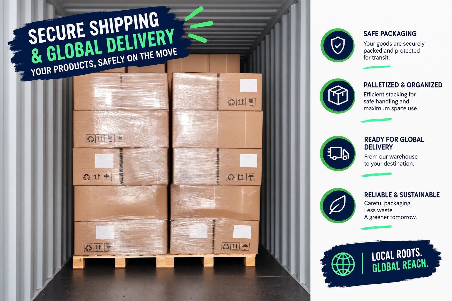 Palletized, wrapped export cartons loaded into a shipping container for global delivery