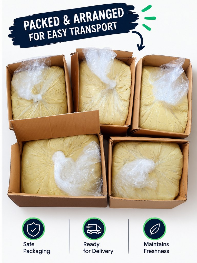 Shea butter individually wrapped and boxed, arranged for easy transport