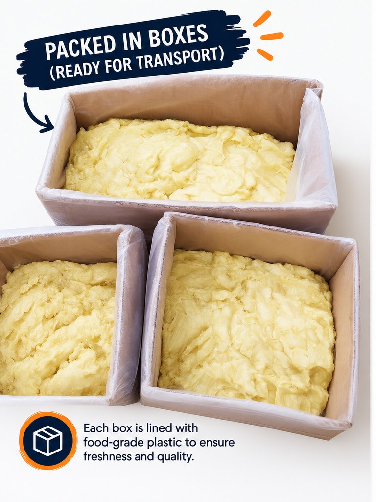 Unrefined shea butter packed in food-grade plastic-lined boxes, ready for transport
