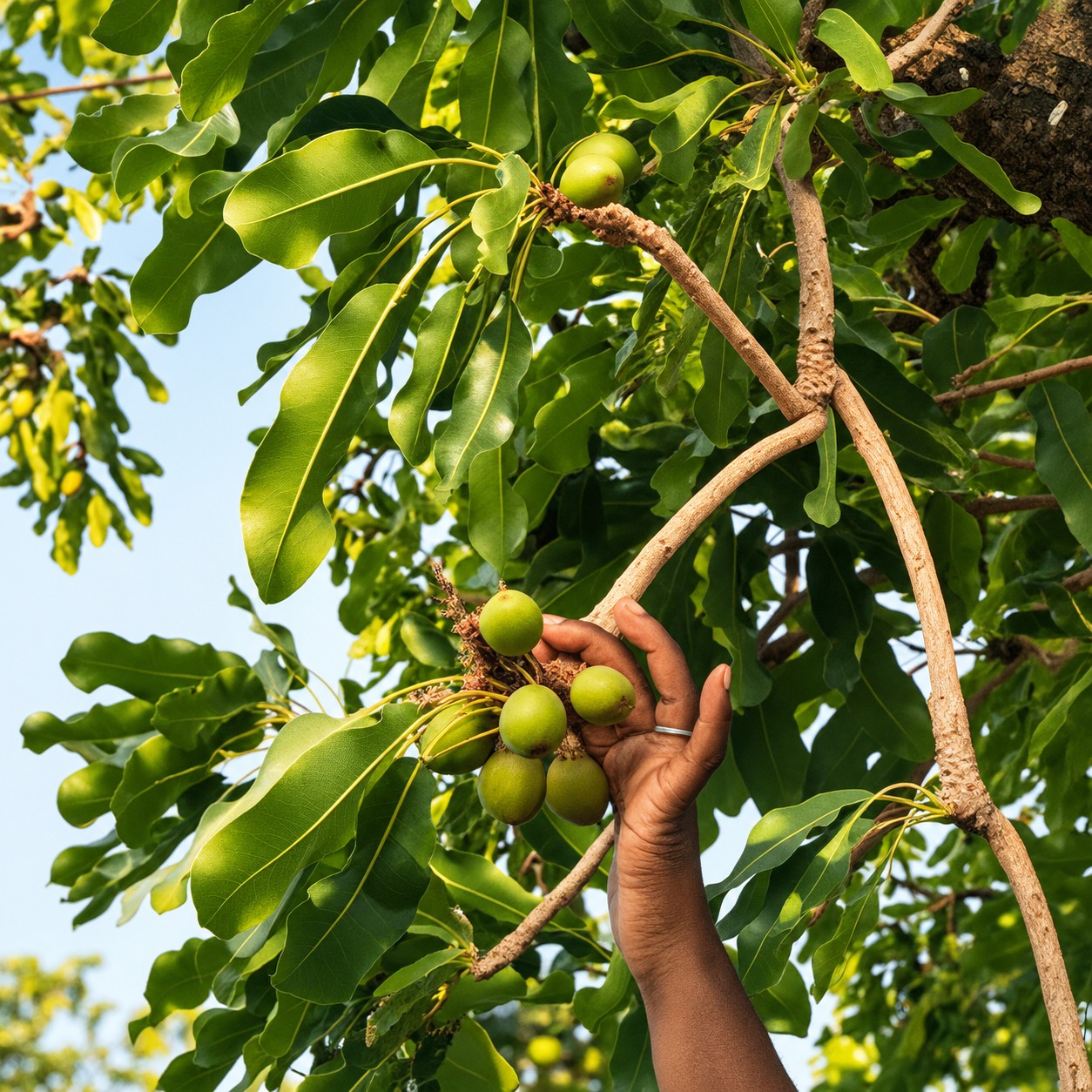 Hand-harvesting wild shea nuts straight from the tree in Ghana